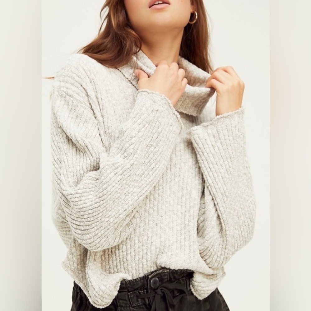 Free People Beach Monik Open Back Turtleneck Chunky Knit Gray Blend Sweater S